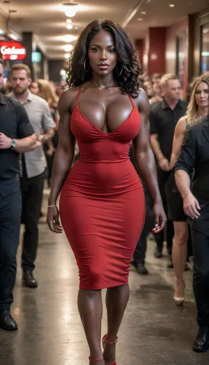 action shot of a, ((voluptuous)), black African American milf in a flirtatious pose, ((((obsidian skin:1.7)))), (sexual gaze:1.3), (((walking into a crowded nightclub for a raunchy party))), ((((full body view:1.7)))), (insanely hot face:1.4), (huge bolt-on tits and fit toned body:1.4), (tall:1.3), (wearing a baggy red cocktail dress with deep cleavage and carrying a matching clutch:1.5), (((fully clothed:1.4))), (thick thighs:1.4), powerful legs, (strong legs), (muscular thighs:1.4), ((muscular calves)), (((perfect abs:1.4))), flawless eyes, (masterpiece:1.5), long messy hair, (perfect hands:1.4), 4ng3l, face, <lora:uberfit_lora_sdxl:.6>, <lora:SDXL_BetterFaces-LoRA_v1:.8>