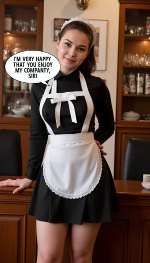 A petite french maid, wearing a maid uniform, speech bubble "I'M VERY HAPPY THAT YOU ENJOY MY COMPANY, SIR!", in an old fashioned gentlemen club.