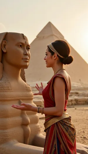 An elegant Egyptian woman, adorned with gold jewelry and a vibrant headdress, standing confidently before a colossal sphinx. The sphinx, with the body of a lion and the head of a human, is carved from ancient sandstone and exhibits intricate details of its powerful muscles and majestic countenance. The woman's eyes are filled with wisdom and curiosity as she gazes into the enigmatic eyes of the sphinx, which seem to hold the secrets of the ages. Her arms are open, gesturing in a conversational manner, suggesting an exchange of knowledge or a riddle being posed. The scene is set against the backdrop of a vast, sandy desert, with the grandeur of the Great Pyramid of Giza looming in the distance. The sun is low on the horizon, casting a warm, golden light that bathes both the woman and the sphinx in a serene glow. The atmosphere is one of reverence and mystery, as the timeless guardian and the modern inquisitor engage in an improbable dialogue that bridges the gap between the ancient world and the present day. The vivid colors of the woman's garments contrast sharply with the muted tones of the desert and the sphinx, drawing the viewer's attention to the dynamic interaction between the two figures. The entire scene exudes a sense of awe and wonder, inviting the observer to ponder the untold stories that could arise from such an extraordinary encounter.
