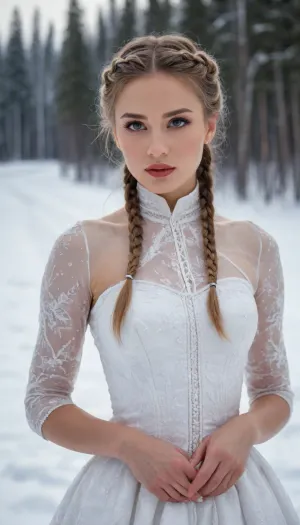 20000407.0, fashion photoshoot of Siberian women with braided hair, wearing a white haute couture puffy dress, on a snowy day in Siberia