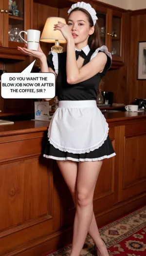A petite french maid, wearing a maid uniform, serving a cup of coffee, speech bubble "DO YOU WANT THE BLOWJOB NOW OR AFTER THE COFFEE, SIR?", in an old fashioned gentlemen club.