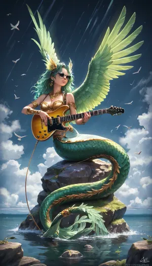 A beautiful mythical winged creature siren with a birds body, gold jewelry, sunglasses, playing a electric guitar, with large feathered wings in shades of green and blue, and hair resembling green feathers, full body, isolated on storm sea background. Sits on a rock. Style, Fantasy Art, Detailed Illustration Lighting, Bright, Even Lighting Composition, Full body shot, Centered Details, Intricate feather details on wings and hair, scales on the serpentine tail, detailed gold jewelry, prominent lyre. Quality, High Detail, Masterpiece
