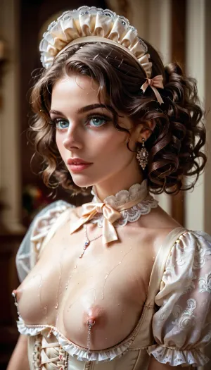 Cute brunette adult woman in Victorian outfit, 19 years old, deep decolte, tiny breast, big nipple areolas