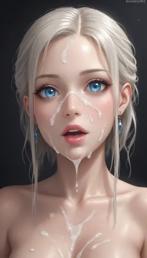 ((sexy cum covered face)), ((multiple cumshots)), blue eyes, beautiful eyelashes, a slightly open mouth from which sperm flows