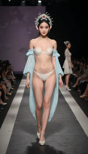 (fashion week, modern, fancy light, dark background, runway fashion show:1.4), (some girls in line, asian, long legs, tall girls, 180 cm:1.4), (walking, white underpanties:1.2), Chinese traditional opera hair style, (slender bodies, long legs:1.3), (top naked, natural breasts:1.3), (without makeup:1.2), black hair, (black thick curly pubic hair:1.2), (white high heels shoes:1.2), (cool face expression:1.3), chinese, peking, opera, show, podium, walks, posing, fashion, runw4y, <lora:MaybeBetterFaceInFullBodyLora_XL_rev3:1.3>, <lora:chinese_peking_opera:.6>, <lora:fashion_runw4y:1.6>, <lora:493467_training_data:1.2>