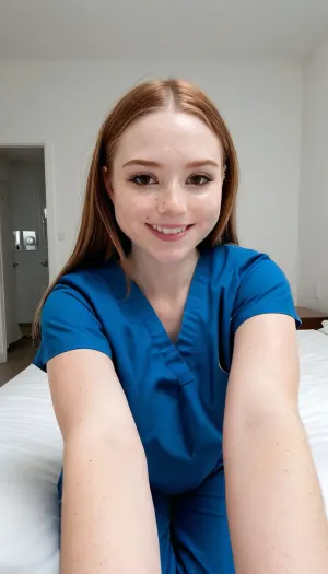 22 years old Mexican-american woman, clothed, taking a selfie, (wearing blue scrubs), (blue pants, white and pale skin, slim nose, light brown hair, small sagging breasts, robust body, embarrassed smile, round face, minimalist white luxury room, freckles, brown eyes, molar on cheek, 3/4 body view, Nursing student, rhinoplasty, hyper realistic photo, full hd, 8K)