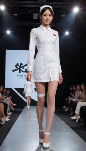 (fashion week, modern, fancy light, dark background, runway fashion show:1.4), (1girl, Asian, nurse, long legs, tall, 180 cm:1.4), (front view:1.2), (walking:1.2), (Chinese nurse short hair style, nurse uniform:1.1), (slender body, long legs:1.3), (without makeup:1.2), black hair, (black thick curly pubic hair:.1), (white flesh stockings, white low heels shoes:1.2), (cool face expression:1.3), show, podium, walks, posing, fashion, runw4y, surgical, outfit, nurse, uniform, <lora:MaybeBetterFaceInFullBodyLora_XL_rev3:1.1>, <lora:fashion_runw4y:1.6>, <lora:493467_training_data:1.2>, <lora:concept_surgeon_xl_v1:.6>, <lora:nurse_uniform_xl_v1_1:1.8>