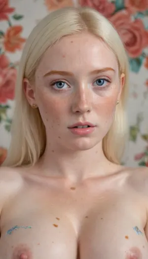 (pale yellowish skin tone), (desaturated skin color), (real amateur party), (candid surprise Photo), (amateur photo), (off-guard Photo), (unedited raw Photo), (improvised pose), (back view), (side view), (close up), (taken from a Samsung Galaxy), (extremely realistic image:2), of a young albino girl, 18-years-old, (((freckles:2))), ((small skin imperfections)), ((folliculitis in pubic area)), ((cellulite)), ((stretch marks)), (acne marks), she is wearing cyan three-quarter lace pantyhose, white high heels, no panties, swollen vagina, (pink vagina), voluminous vagina, sparse platinum blonde hair on her arms, (platinum blonde pubic hair:1.5), (large breasts:1.5), (saggy breasts:1.6), sitting spread-eagle on a chair, in a room, front view, picture taken by surprise, improvised pose, in the background there is a white curtain with, (floral print:2), (Albinismo:1.5), (Very pale skin:1.5), (Rosy undertones1.3), (soft, straight hair:1.3), (Platinum blond hair:2), (Pale BLUE eyes:1.5), (light-sensitive eyes:2)