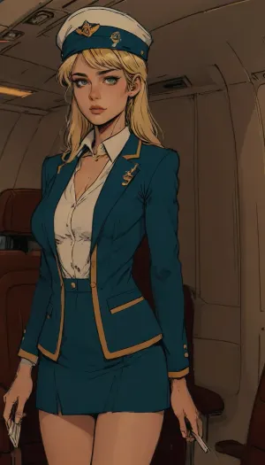 Aeroflot flight attendant, set in an airplane, POV, blue flight attendant uniform with gold trim, blue blazer, (white shirt), no skirt, bottomless, little blue hat, Russian, blonde, Source_anime, (A detailed pencil drawing with clean lines and meticulous shading, flat colors, line art, no gradients, blue and green palette), realistic anatomy, drawing have delicate shading and intricate details, lineart, <lora:Moebius (Jean Giraud) Style:1.1>, <lora:sketch_it:.8>, <lora:lineartSDXL:1.1>, <lora:ratatatat74-000050:1.1>