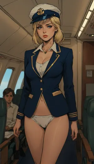 Aeroflot flight attendant, set in an airplane, POV, blue flight attendant uniform with gold trim, blue blazer, (white blouse), no skirt, transparent white tango panties, little blue hat, Russian, blonde, Source_anime, (A detailed pencil drawing with clean lines and meticulous shading, flat colors, line art, no gradients, blue and green palette), realistic anatomy, drawing have delicate shading and intricate details, lineart, <lora:Moebius (Jean Giraud) Style:1.1>, <lora:sketch_it:.8>, <lora:lineartSDXL:1.1>, <lora:ratatatat74-000050:1.1>