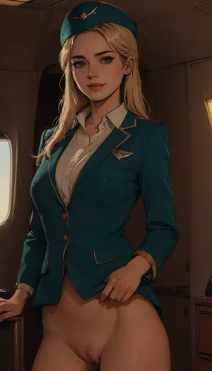 Aeroflot flight attendant, smiling, set in an airplane, POV, blue flight attendant uniform with gold trim, (blue blazer), (white blouse), (blue skirt), tight pussy, little blue hat, Russian, blonde, Source_anime, (A detailed pencil drawing with clean lines and meticulous shading, flat colors, line art, no gradients, blue and green palette), realistic anatomy, drawing have delicate shading and intricate details, lineart, <lora:Moebius (Jean Giraud) Style:1.1>, <lora:sketch_it:.8>, <lora:lineartSDXL:1.1>, <lora:ratatatat74-000050:1.1>, skirtlift, <lora:skirtlift_xl:.8>
