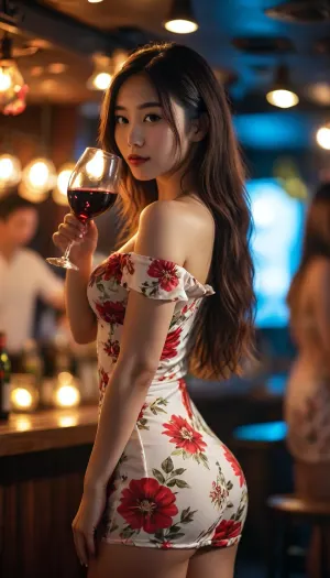 Pretty Asian girl in a nightclub holding a glass of red wine, rear view, being sexy, wearing a tight short white floral summer dress, large breasts, slim waist, curvy hips, long hair, thigh gap, staring directly at camera with sexy expression, flashing lights, people dancing in the background, floral, print, off, shoulder, short, <lora:191086_training_data:.8>, <lora:MJ52:.8>
