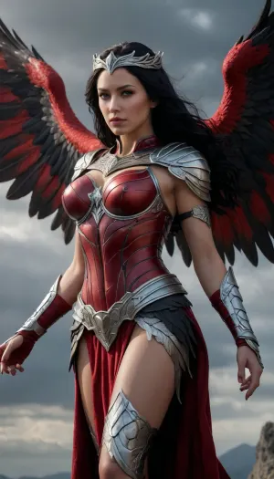 (masterpiece), (best quality), (extremely intricate details), (photorealistic:1.2), (fantasy art:1.1), full shot of a beautiful, (siren goddess:1.3), (black raven wings:1.2), (long black hair:1.1), (intricate red and silver armor:1.2), (dark elegant circlet:1.1), (sharp claws), strong female, muscular, slender, ethereal gaze, dynamic pose, mid-air, flying, cloudy sky background, dramatic lighting, volumetric lighting, rim lighting, low angle shot, mystical glow, vibrant colors, UHD, 8K, high resolution.