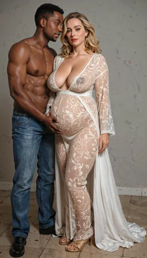 1 pregnant mature woman, 1 African boy, 1 cuckold white man, hotwife, with long blonde hair, voluptuous body, large, sagging, natural breasts, with dark brown nipples, brown eyes, African boy. He is tall and strong, hugging the mature woman next to him, who is shorter than him. And the mature woman is short and chubby, the mature woman in a short, transparent red lace robe. And the boy in jeans, striking face in the photo, full body view, taken with NIKON D850, F/1.8, natural light, full body, good atmosphere, ultra-detailed, photorealistic, professional photography, professional photo shoot, incredibly detailed, details + professional lighting, photo lighting + 50mm, 100mm, full body photography, ultra-realistic, 8K, HDR.