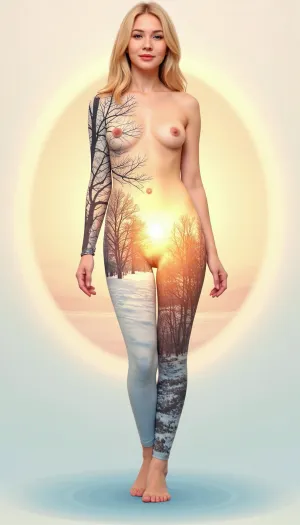 Dreamy, surreal illustration in the style of, (double exposure:1.5), full-length image, full body, (beautiful girl with her body as a portal. Inside the portal is a winter landscape:1.1), outside is a bright sunny summer, soft golden light around the girl, isolated on a soft pastel background, very detailed, cinematic lighting., <lora:767128_training_data:.8>