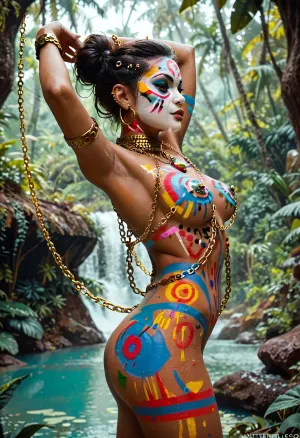 Nude woman in jungle lake, side view, (many piercings, chains, golden chains, jewelry and gems, facial paint:1.2), (body paint:1.4), dancing, balet pose, arms rased to the sky, flat colors, cinematic lightning, by, albertomielgo, <lora:AlbertoMielgo_style2_SDXL:.8>