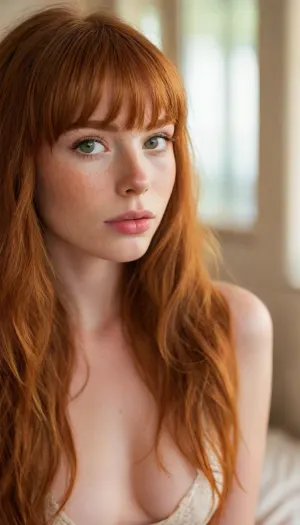 ziprealism, (seductive intimacy esthetic, teasing pose, foreplay, anticipation), (adorable woman, charming girlfriend, soft smile, warm loving gaze, cozy modern bedroom:1.2), (f/2.8, shallow depth of field, creamy bokeh, loose closeup shot, focus on lips:1.4), (vibrant ginger hair, long wispy bangs hair, voluminous hair, long flowing hair:1.8), (catchlights, sharp contrasting limbal rings, large expressive eyes, stunning eyes, perfect eyes, slightly downturned eyes, long delicate eyelashes), (soft facial features, subtle freckles, doe eyes, doe eye make-up), (large full lips, soft lips, moist lips, small delicate chin, pouting lips, plump lips:1.2), (large natural teardrop breasts, pale breasts, pale nipples, nipple slip, pale skin:1.2), igbaddie, <lora:igbaddie-XL:.4>, <lora:MJ52:.8>