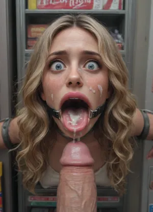 (40 years adult), (woman is stuck with her hips in a round hole with metal rim in a vending machine), (her bust is protruding from a round hole in the front of the vending machine:1.5), (stuck in hole with metal rim:1.3), (vending machine at night, slot for payment), (wide mouth spreader ring gag, gaping mouth:1.5), (leaning forward), (embarrassed, ashamed), (pleading expression:1.2), (terrified:1.6), (crying), (fear and panic:1.2), (box is low mounted, close to floor), (score_9, score_8_up, score_7_up, UHD 8K, masterpiece, best quality, maximum details, natural light, extreme realism, cinematic still), (huge penis:1.4), (she stares at erect penis in front of her face:1.3), (POV from above, she is looking up to viewer, submissive), (POV man standing and looking down, man stroking his big dick:1.1), (arms restrained to wall), (her arms left and right flat against the wall, multiple iron rings fixing her stretched arms against the wall:1.5), (POV standing man, looking down on her:1.2), (mouth wide open), (dirty blonde Swedish woman, freckles, tanned), (tan lines), (iron rings restrain her arms to vending machine), (her arms are spread eagle against vending machine:1.8), (arms restrained with iron rings:1.8), (free-standing vending machine), (her face is covered in cum:1.6), (cum in er mouth:1.1), (bukkake, facial:1.3), (freckles, skin impurities), (transparent liquid:1.2), (realistic cum), (wet face:1.2), (oily skin:1.5), (stuck with hips in a round hole with metal rim:1.6), (long blonde hair, elegantly styled hair, long wavy hair:1.5), (eyes wide open in horror:1.3), (her mouth serves only one purpose), (she's got a new job, she's a public cum dumpster), (pink glossy lips:1.3), (shocking pink lips, pink lipstick:1.5), (eerie lighting:1.3), (smeared lipstick:1.3)