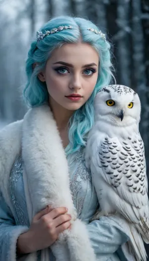 20000421.0, (((Very Petite girl))), A striking fantasy portrait of an elegant woman with ice-blue hair, her piercing eyes lined with shimmering blue makeup. A majestic snowy owl perches on her shoulder, mirroring her gaze with its own deep, intelligent eyes. She wears a luxurious faux-fur coat in a matching cyan hue, blending seamlessly into the cool-toned background. The soft lighting and icy atmosphere give the image an ethereal, mystical quality, as if she belongs to a world of winter magic and hidden…