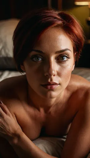 Photorealistic, ultra realistic, (detailed eyes, perfect eyes, realistic eyes), (realistic hands, detailed hands, perfect hands), detailed face, depth of field, highly detailed, high contrast, high definition, dramatic lighting, dramatic shadows, BREAK
Short red hair, olive skin, 1girl, adult, woman, narrow torso, short, natural breasts, saggy natural breasts, wide hips, real skin, light face freckles, round ass, BREAK, (happy:.6), on knees in bed, (dark, warm, dimly lit, cozy atmosphere), (view from side angle)