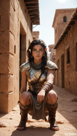 Female elf rogue from the desert city of Kathir, lean and graceful with sun-kissed skin and high cheekbones, long dark hair streaked with copper, sharp amber eyes always watching, dressed in lightweight leather armor dyed in muted desert tones for stealth, a curved Kathiri dagger in one hand and a short recurved bow slung across her back, crouched in the shadows of a sandstone alley beneath a tattered awning, dust swirling in the hot wind, behind her the domes and minarets of the bustling market district, golden evening light casting long shadows