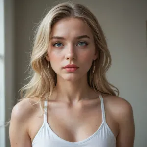 young blonde woman, long hair, gorgeous body, glowing skin, athletic