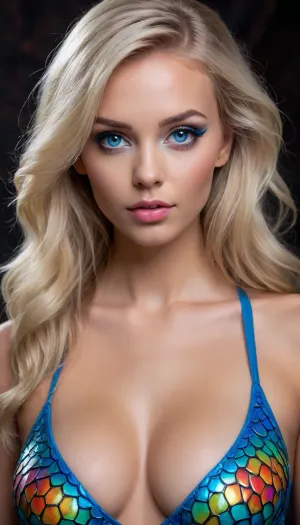 A beautiful slender woman with a bodypainting of colorful dragon scales, deeply tanned skin, long blonde hair tucked behind ear, head tilted down and looking up at you, She is in a professional photo studio, 3 d style, (large beautiful crystal bright blue eyes), pretty coquettish face, detailed eyes, detailed pupils, heartshaped lips, natural lip color, clear lip gloss, (full view of head and cleavage), view from half back side