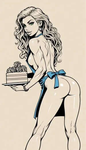 score_9, score_8_up, score_7_up, (A detailed pencil drawing with clean lines and meticulous shading, sketch of a nude woman with long flowing hair baking in the citchen), pink and green color palette, skinny body, fit round ass, muscular hips, spreading legs, bending over, woman wearing only apron, (holding huge cake with roses:1.3), focus on ass, supermodel face, big lips, handslora, soft features, and a serene expression, drawing have delicate shading and intricate details, capturing the essence of the subject with fine pencil strokes, drawing by NTY, v0ng44g, sk3tch, .8>, ratatatat74, lineart, line, art, flat, colors, color, Moebius, (Jean, Giraud), Style, page, <lora:sketch_it:1.3>, <lora:ratatatat74-000050:.8>, <lora:lineartSDXL:.8>, <lora:Moebius (Jean Giraud) Style:.8>