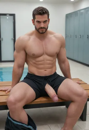 detailed photo, high quality, high resolution, (1 sitting man), changing room, view from the door, (a huge man sitting), a muscular man, (the man is sitting on a bench), man sitting, a bearded man is sitting, a beard, a healthy athlete, a huge guy is sitting on a bench, muscular chest, huge arms, six-pack abs, the guy is wearing black swimming trunks, black short swimming trunks, and a huge white penis is sticking out of the trunks, the guy is wearing black short swimming trunks, a muscular black guy, a huge man, (a very large guy is sitting on a bench), the guy is looking at the camera, Caucasian face, detailed face, stern face, angry bearded face, swimming, pool, ch4ng1ng, r00m, <lora:swimming_pool_ch4ng1ng_r00m:.8>, <lora:SDXLHighDetail_v6-000005:.8>, <lora:bigg:1.1>