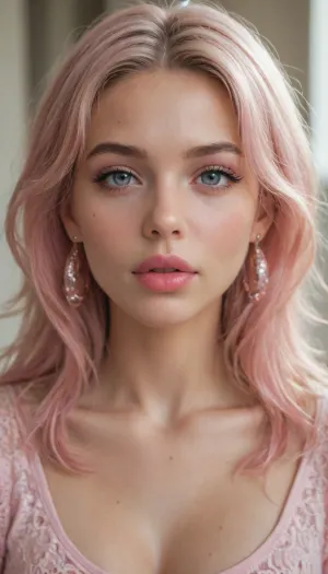 18 year old, big lips, bimbo lips, innocent girl, youthful, staring at viewer, pink, bright pink, pastel pink, pink miniskirt