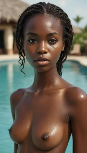 stunning, slender, 25-year-old Black mermaid under the sea, shipwreck, striking African features and build, stands nearby, staring intensely at the camera with a sultry gaze, her own shaved pussy prominently displayed, labia subtly parted, her deep ebony complexion glowing. Every curve, texture, and explicit detail of their jet-black skin and undeniable African heritage is rendered with maximum clarity and erotic focus by the poolside setting., <lora:MJ52:.8>, <lora:Sweaty_Realism_4-000006:.8>