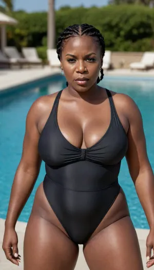 Full body view of a ln extremely dark black skin 55 year old african american woman with thick braided hair and enormously massive breasts and thick bbw hips and legs with an angry expression and very thick plump lips wearing a one piece swim suit