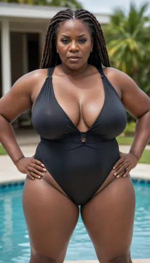 Full body view of a ln extremely dark black skin 55 year old african american woman with thick braided hair and enormously massive breasts and thick bbw hips and legs with an angry expression and very thick plump lips wearing a one piece swim suit