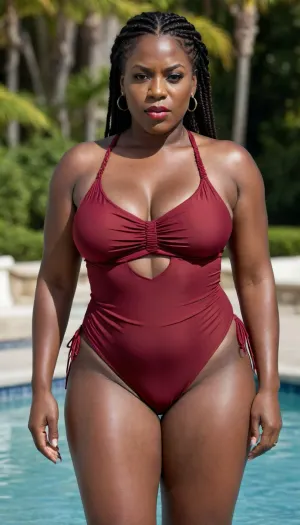 Full body view of a ln extremely dark black skin 55 year old african american woman with thick braided hair and enormously massive breasts and thick bbw hips and legs with an angry expression and very thick plump lips wearing a dark red sling swim suit