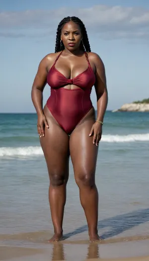 Full body view of a ln extremely dark black skin 55 year old african american woman with thick braided hair and enormously massive breasts and thick bbw hips and legs with an angry expression and very thick plump lips wearing a dark red sling swim suit