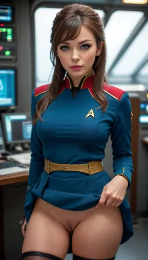on deck of entreprise, beautifull woman, lying, startrektos, in star trek uniform suit, near computer, (((lift skirt))), legs apart, raw, Portrait, professional, color, grading, dress, realistic, real, face, hyper, realsitic, influencer, insta, beautiful, sexy, pretty, muscular legs, thigh high boots, pussy visible, shaved pussy, <lora:MJ52:2>, <lora:208210_training_data:2>, <lora:Realistic_Insta_InfluencerV1.0:.8>, skirtlift, <lora:skirtlift_xl:.8>