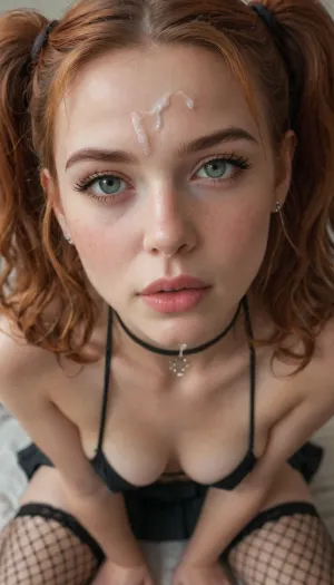 college girl, redhead, extreme beauty, (freckles), huge green eyes, thick lips, long wavy red hair, pigtails, big perfect soft tits, slim body, big athletic firm ass, black eyeliner, black eyeshadow, long eyelashes, tiny mirco bikini, sexy choker, short black pleated skirt, fishnet stockings, kneeling, legs spread, back straight, squeezing her boobs, seductive, (cum face, cum on cheeks, cum on nose, cum on forehead, cum in hair, cum dripping from face), in a stripclub, best quality, extreme detail, macro shot