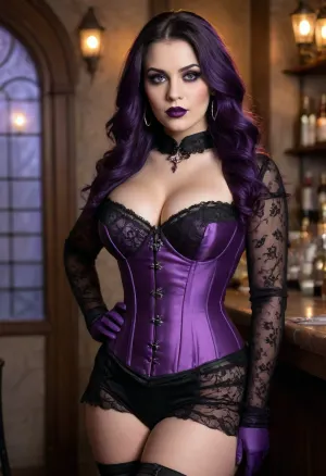 ((confident and gorgeous gothic bbw:1.3), 25 years), standing, (outside a medieval stone bar at night:1.2), wet cobblestone street reflecting neon lights, (((massive huge firm boobs:1.6)), hips, super waist, perfect anatomic body, (extremely large ass:1.6)), ((hair:1.5), long, straight, deep violet, silky shine, fine hair strands visible), ((skin:1.4), pale, smooth, soft light reflections on cheekbones), ((corset dress:1.4), deep violet velvet with intricate black lace trim, sheer layered skirt revealing lace stockings, realistic fabric folds and stitching), (black lace gloves, delicate embroidery details, subtle transparency), ((collar:1.6), amethyst necklace, gemstone glow with metallic reflections, photorealistic gemstone refraction), (tattoo on upper thigh, intricate gothic rose design in deep purple and black, skin texture visible), (perfect makeup, long eyelashes, dark mascara, thin black eyebrows, subtle smoky purple eyeshadow, realistic skin pores), (big nose ring and ear ring with metallic shine), ((purple lips with glossy finish)), subtle natural wrinkles on lips, ((posture:1.5), standing confidently, hand on hip, legs slightly apart, direct gaze with catchlight in eyes), (bar with purple neon sign:1.2), realistic light glow and reflections on surrounding walls, (mystical skulls or ornaments around:1), (candles on the window ledge:1), (slight fog:1), atmospheric depth and soft bokeh background, ((photorealistic lighting:1.4)), volumetric light rays through fog, ((realistic textures:1.4)), accurate fabric, skin and hair detail, ((cinematic moody lighting:1.3)), natural shadows and highlights, (ultra-detailed:1.4), (sharp focus:1.4), (high resolution:1.3), hips, narrow, waist, elegant curves