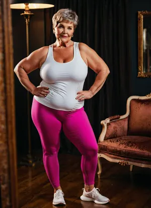 60 year old innocent granny, plump, real granny style, (bbw), brown pixie short haircut glamour, perfect curves, lustful pose, different poses
highly detailed photo, high-quality photo, ordinary grandmother, (pink leggings, compression leggings with flat seams, smooth fabric consisting of 80% polyamide and 20% elastane, fit tightly to the body), white fitness top, white Asics sneakers