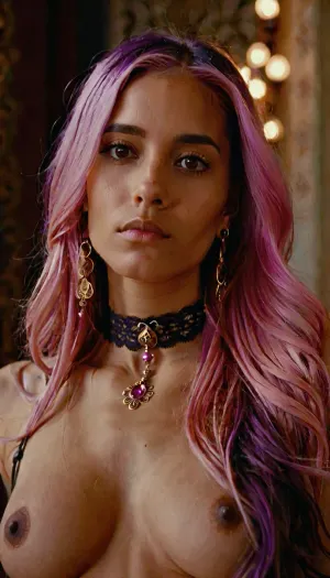 zoom out more. side perspective. nude woman., (((long pink and purple hair))), . long brown nipples. brown eyes. lace choker.