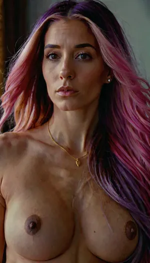 zoom out. nude woman., (((long pink and purple hair))), . long brown nipples.