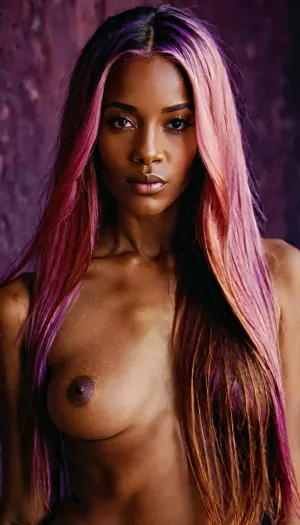 nude woman., (((straight long pink and purple hair))), . long brown nipples.