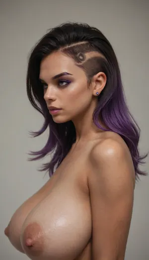 ((((Sombra)))), (black skin), (((huge breasts))), saggy breasts, side view, score_9, score_8_up, score_7_up