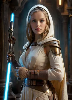 (Masterpiece), Raiting_explicit, upper body view on a female automaton inspired by Metropolis, (1927), (((dressed as a Jedi Temple Guard))), ((wears an old beige linen tunic with a hood)), ((mask of Jedi Temple Guard just in her face)), (((wide bronze belt adorned high on the waist))), caught mid-motion in a sexual pose, ((fullbody)), ((right arm extended forward holding the lightsaber hilt)), ((left hand open and raised at waist height)), ((((a small luminous blue cube levitating above her left hand)), ((she holds the hilt of her ambear lightsaber hilt in her right hand)))), mechanical body of golden bronze, back arched, buttocks prominently emphasized, elegant curves, dynamic twist of the torso, upper body turned to the side, sleek art-deco plating, glowing seams, dramatic rim lighting, thick stage smoke, industrial gears and steam pipes in the background, spotlights casting long shadows, ornate metal stage, sepia tone, retrofuturistic atmosphere, photorealistic style, artdecopostsdxl, poster, a, movie, frame, of, in, the, style, sin-city, mshn, robot, 7-TempleGuard, Holding, lightsaber, (side view), ((close up in the cube)), levitating cube, <lora:artdecopostsdxl:.8>, <lora:sin-city-sdxl-v1-000050:.8>, <lora:MJ52:.8>, <lora:Temple Guard v1.0:1.3>, Levitating, Cube, page, <lora:Levitating Cube:.8>