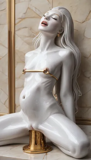 1 white ceramic porceline statue solo, 22 year old skinny female statue, closed eyes, (gold metal hair:1.5), made of porceline, ((detail she has fine white ceramic porceline skin:2), (detail white ceramic porceline female girl statue:1.1)), full body view, squatting, naked, intense excited expression, (detail huge gold metal nipple ring:1.2), white ceramic porceline, femal masturbation, head back, open mouth, ((focus detail decorative golden anal dildo:1.5)), (All white ceramic porceline girl), (flatchest), (skinny), (white porceline skin:1.5), high pov, (high tight dildo stomach bulge:1.3), white ceramic porceline girl, d3qck, artstyle, <lora:d3qck artstyle:2>