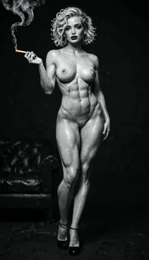 Sexy 30yo lady smoking a cigarette in noir ambience, fullbody, athletic, bulky, feminine, nude, black background, black&white
