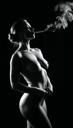 Sexy 30yo lady smoking a cigarette in noir ambience, fullbody, athletic, bulky, relief, muscles, feminine, nude, black background, black&white