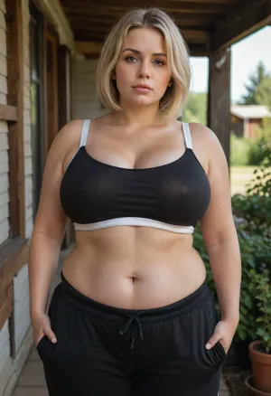 detailed photo, high quality, 4k, high resolution, Full-length photo, outside, country house, vegetable garden, old woman, elegant woman, a celullite, (45 years old woman), russian fat woman, (milf), sagging tits, mature wife, (huge sagging boobs), very fat woman, MILF, a fat woman, chubby legs, very fat ass, fat belly, huge saggy breasts, saggy breasts, cellulite, blonde, bob haircut, blonde hair, detailed face, round face, stern face, big eyes, small nose, plump cheeks, woman wearing sweatpants and bra, (black sweatpants), (white sport bra), woman standing, 4ng3l, face, <lora:SDXL_BetterFaces-LoRA_v1:1.4>