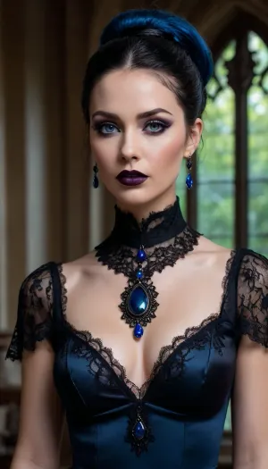a portrait of a sensual woman with a gothic aesthetic. The woman has palepink skin, accentuated by dark makeup. Her eyes are a striking, vivid blue, contrasting with her long black, high-ponytail hairstyle and dark lipstick. She is wearing a black dress with intricate lace detailing, including a high, ruffled collar and a plunging neckline. A black pendant with a large, blue gemstone hangs around her neck.

The composition is a long shot, focusing on the woman's Sexy body deep forest background . The background is sharp and vivid, suggesting a window or a gothic architectural element, which contributes to the overall mood. The lighting is soft, highlighting the woman's features and the textures of her clothing. The color palette is dominated by black and shades of gray, with the vibrant blue of the eyes providing a focal point. The overall effect is dramatic, elegant, and mysterious.