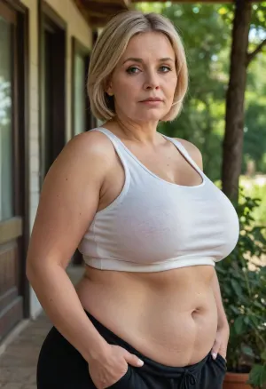 detailed photo, high quality, 4k, high resolution, Full-length photo, outside, country house, vegetable garden, old woman, elegant woman, a celullite, (60 years old woman), russian fat woman, (milf), huge breasts, very sagging breasts, mature wife, (huge sagging boobs), very fat woman, MILF, a fat woman, chubby legs, very fat ass, fat belly, huge saggy breasts, saggy breasts, cellulite, blonde, bob haircut, blonde hair, old face, detailed face, round face, stern face, big eyes, small nose, plump cheeks, woman wearing sweatpants and tank top, (black sweatpants), (white tank top without sleeves), woman standing, 4ng3l, face, <lora:SDXL_BetterFaces-LoRA_v1:1.4>